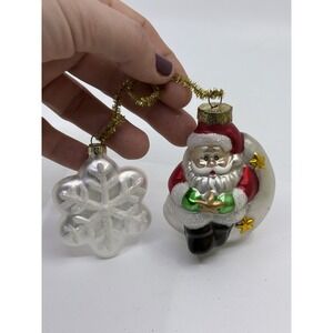 Double Hanging Santa And Snow Flake Hand Blown Glass Ornament